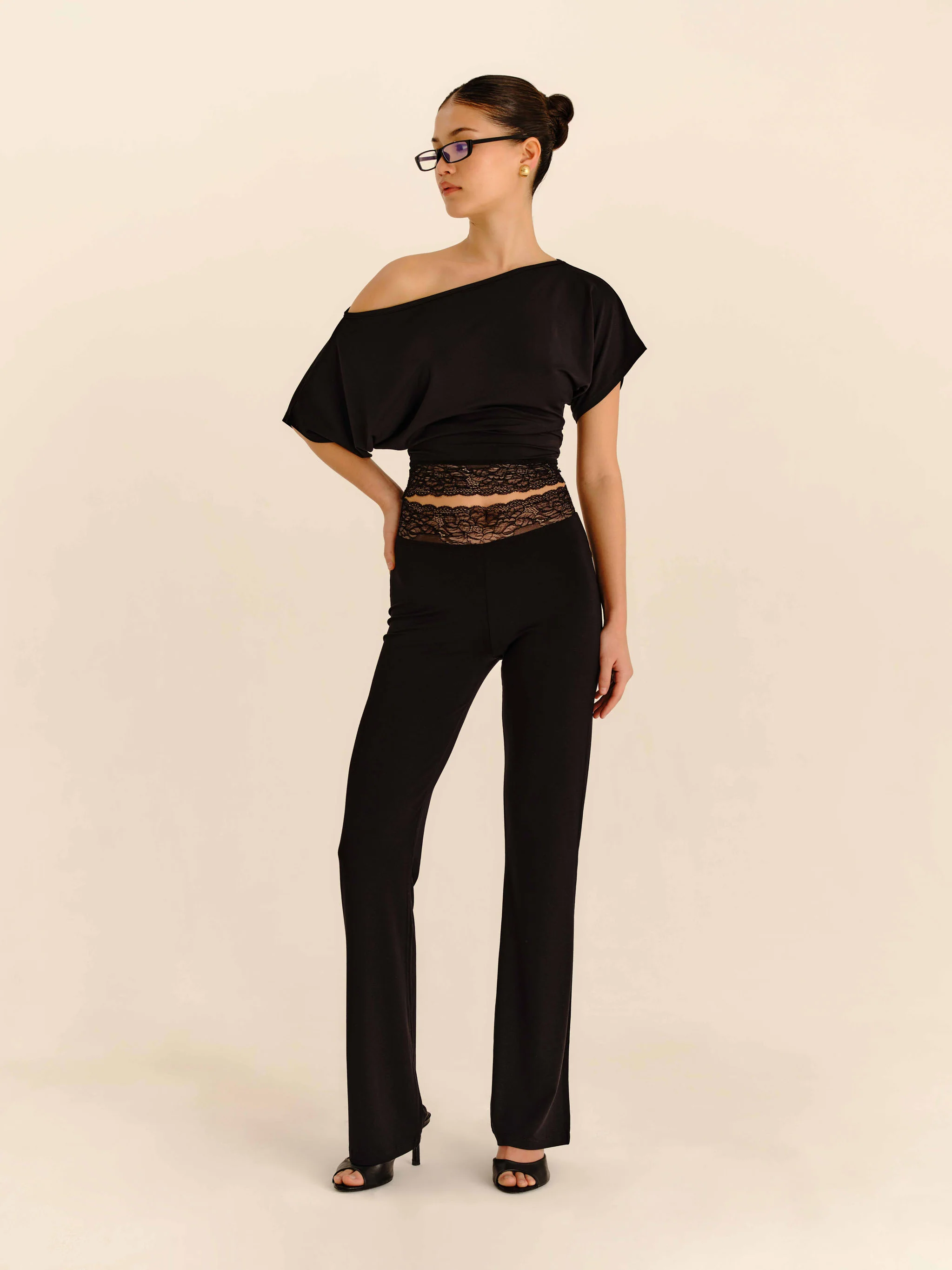 Lace Trim Boat Neck Top - Jet Black - Image 3